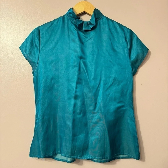 Talbots Turquoise Silk Cotton Ruffle  Bib Top Blouse Womens Size 14P NWT - Picture 2 of 9